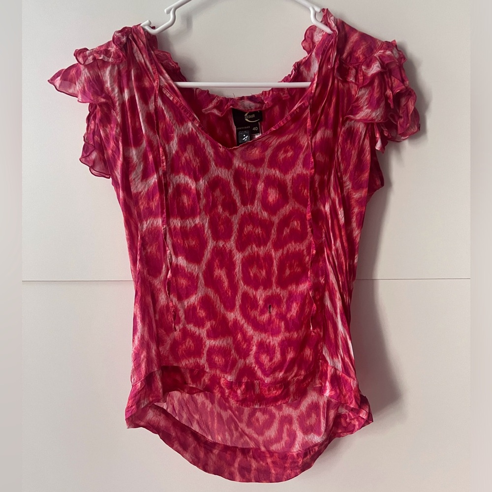 Just Cavalli leopard pink top with vneck tie and ruffles